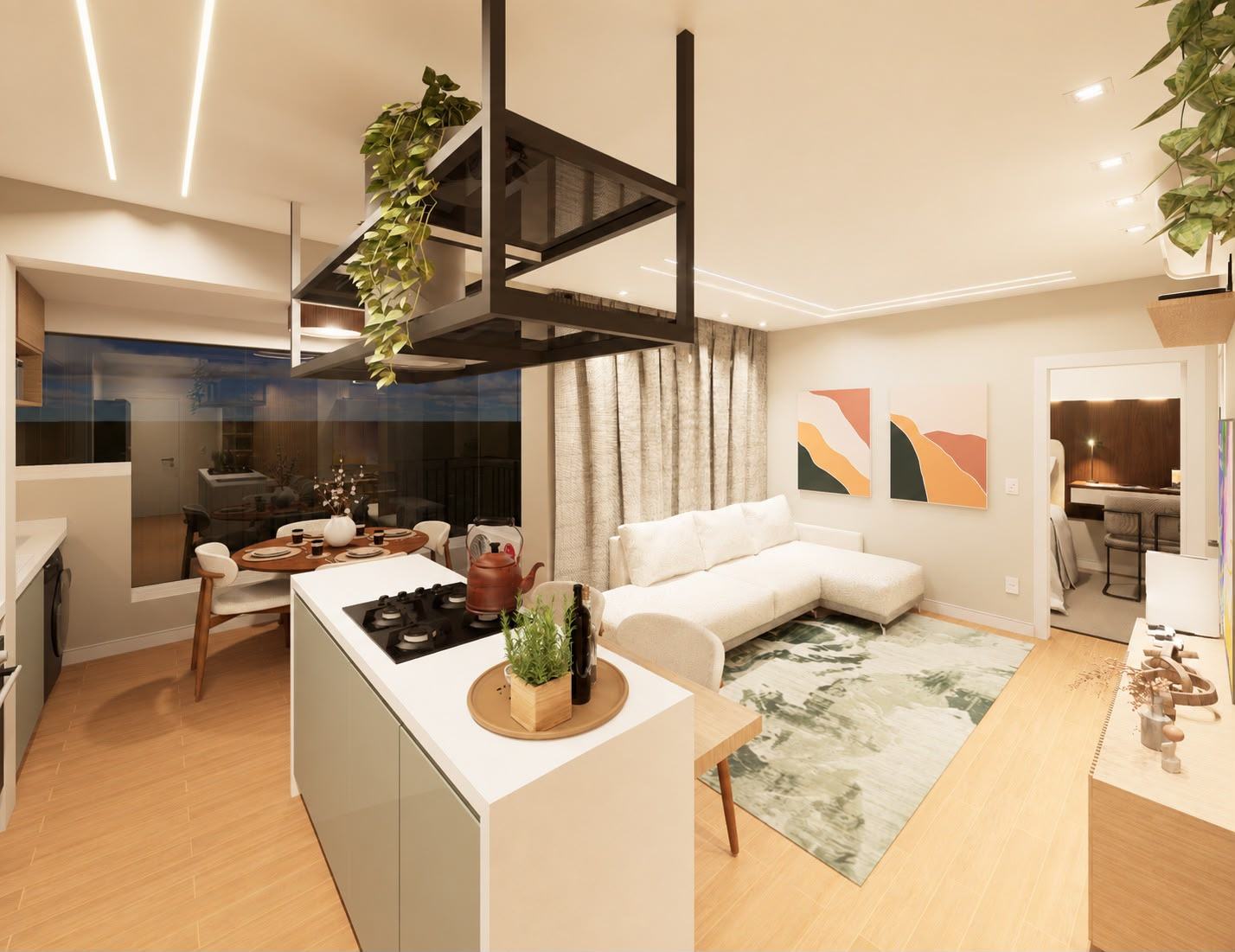 Sala, cozinha e jantar integrados, apartamento de 49 m²