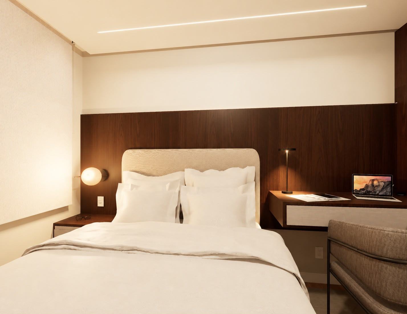 Suíte com cabeceira em madeira, apartamento de 49 m²